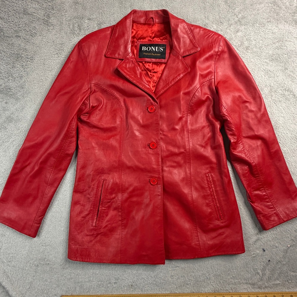Bonus Italian Fashions Red Leather Blazer Jacket Women Genuine Leather Coat M